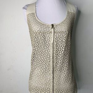 Illia Women's Cream Beige 100% Leather Perforated Racer Back Front Zip Tank Top